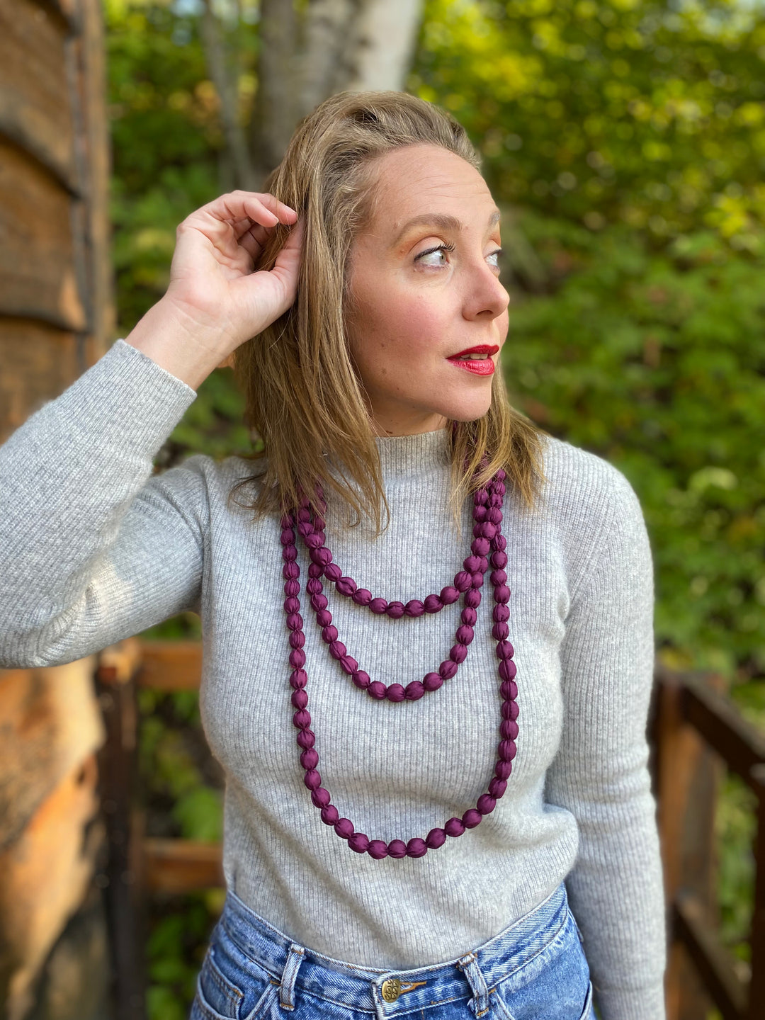 Extra Long Fabric Ball Necklace - Plum