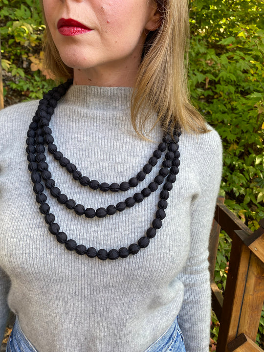 Extra Long Fabric Ball Necklace - Black
