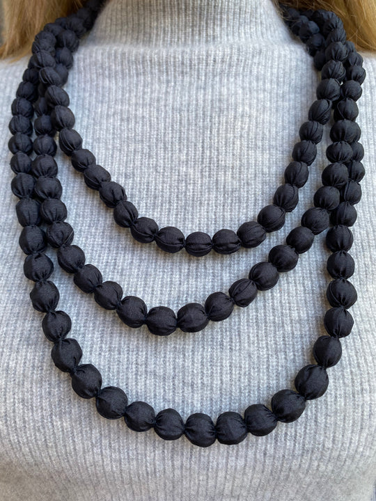 Extra Long Fabric Ball Necklace - Black