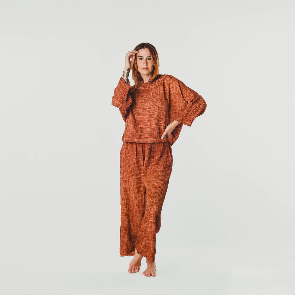 Turkish Cotton Crinkle Long Sleeve Boat Top - One-Sized - Terracotta