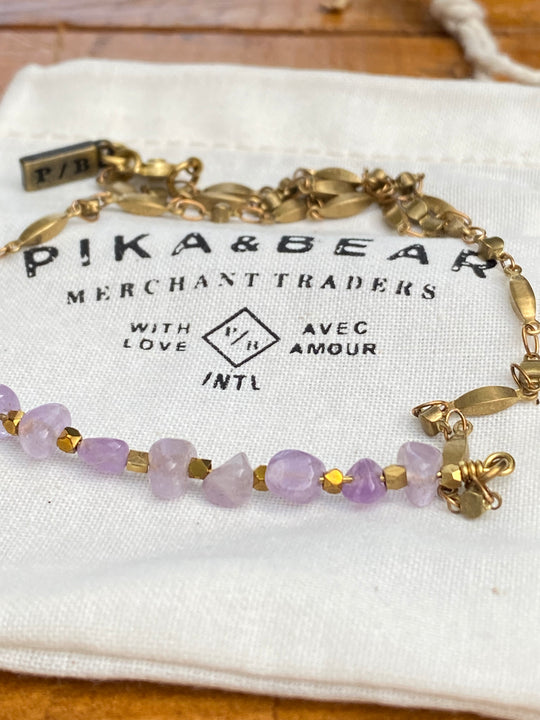 Raw Amethyst Stones Ornate Brass Chain Necklace