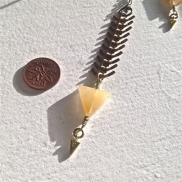 Honey Jade Raw Brass Herringbone Fish Necklace
