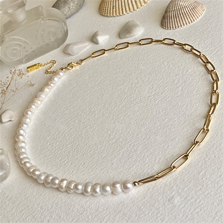 Freshwater Pearl and Gold Paperclip Chain Necklace