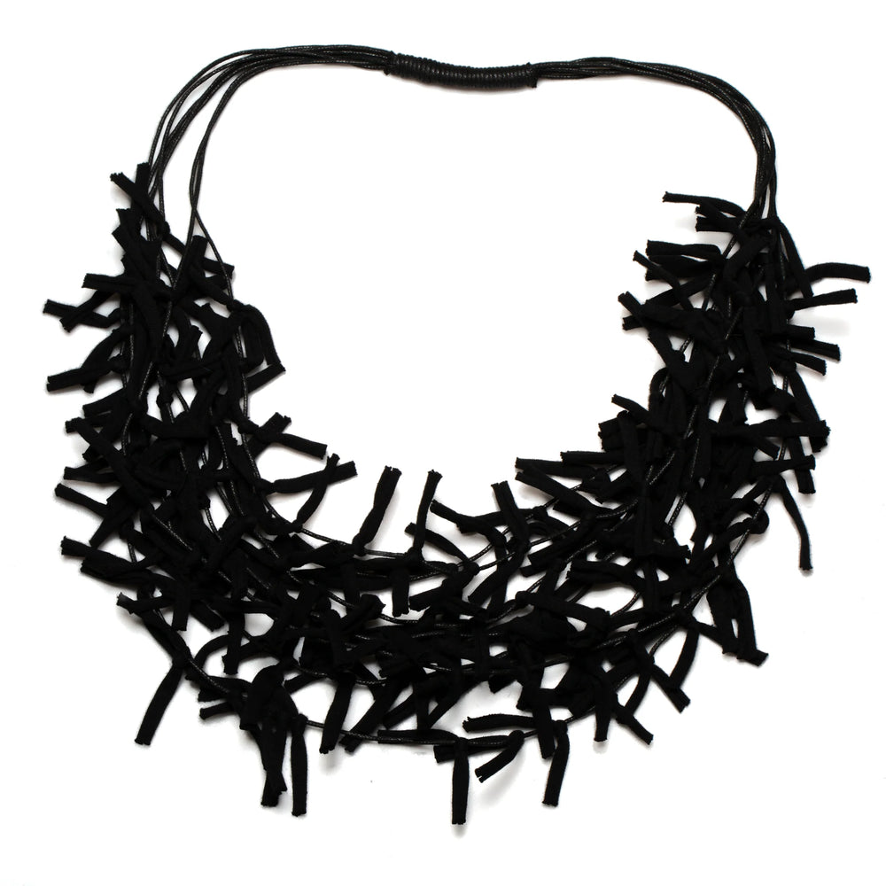 Multi Strand Knotted Fabric Necklace - Black
