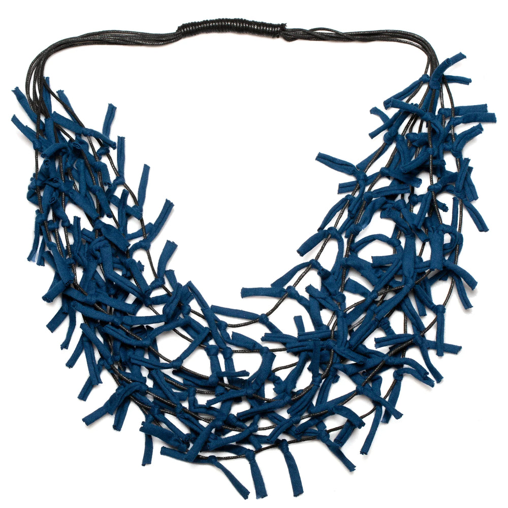 Multi Strand Knotted Fabric Necklace - Navy Blue