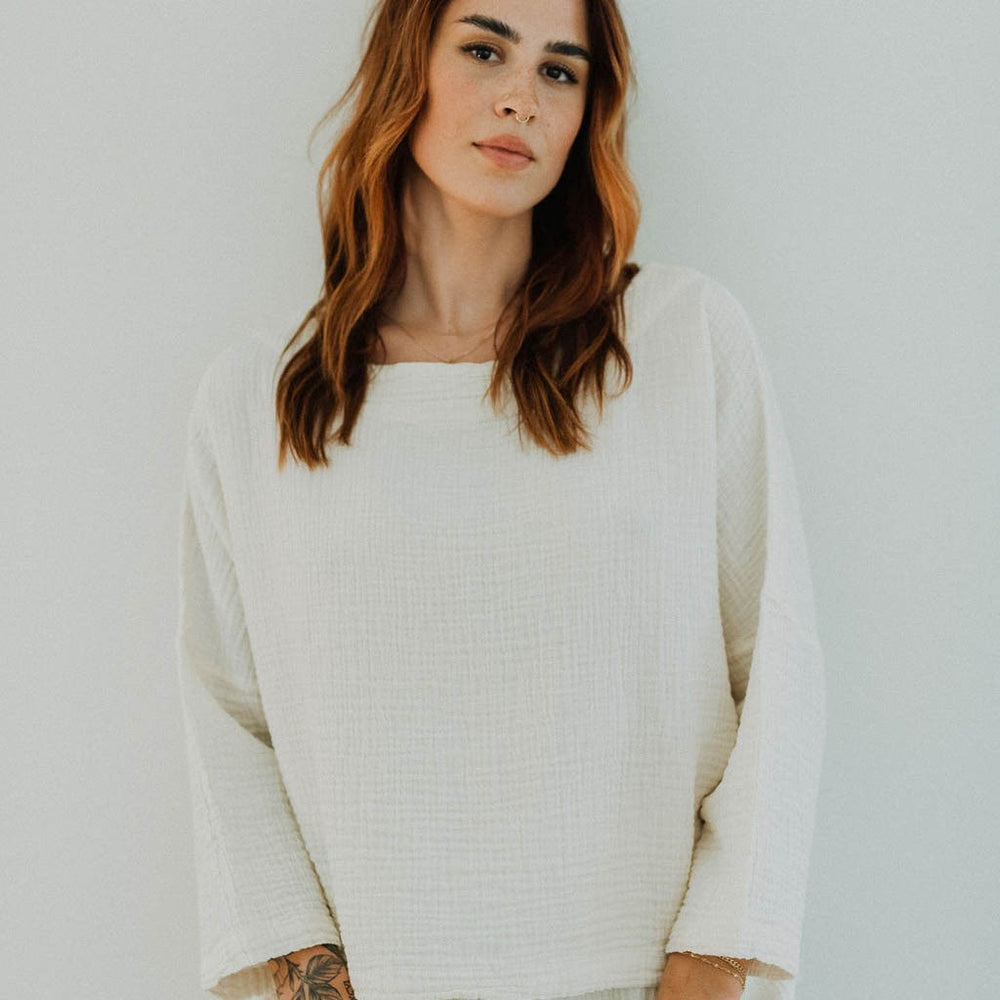 Turkish Cotton Crinkle Long Sleeve Boat Top - One-Sized - Cream