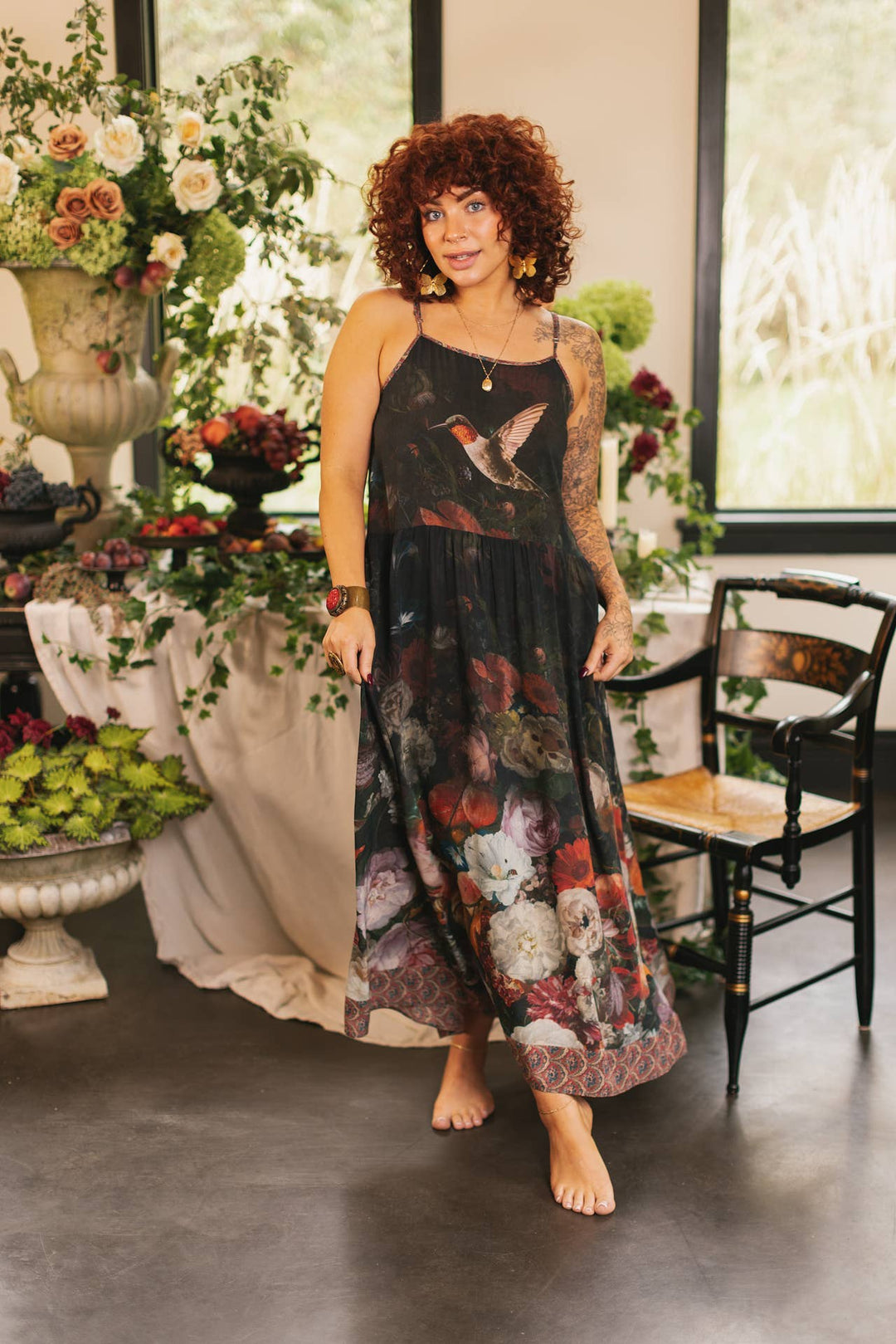 Flight of Fancy Bohéme Long Maxi Slip Dress w/Hummingbirds