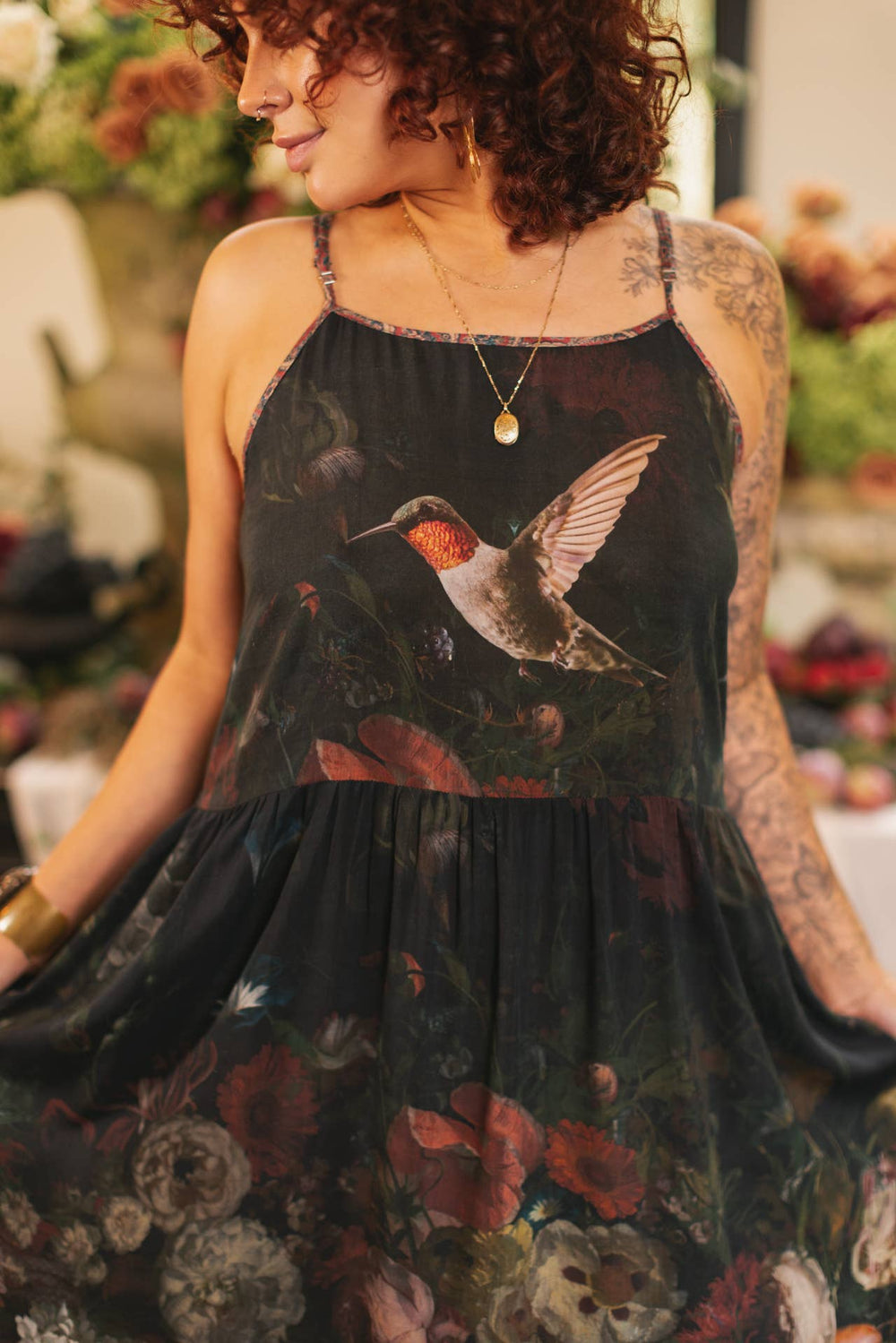 Flight of Fancy Bohéme Long Maxi Slip Dress w/Hummingbirds