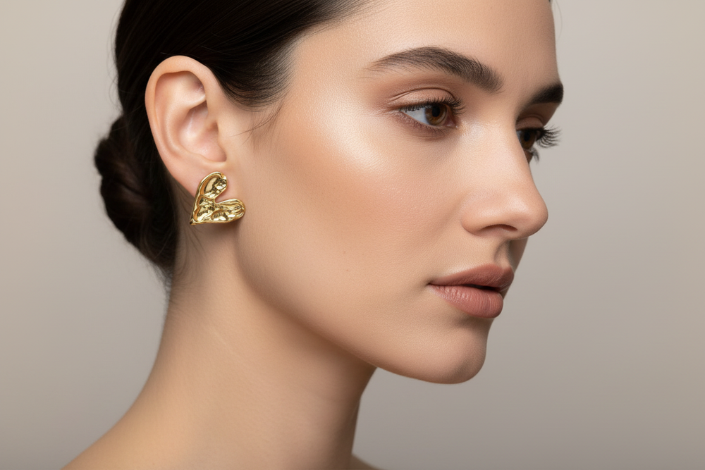 Beaten Metal Heart Stud Earrings - Gold Stainless Steel