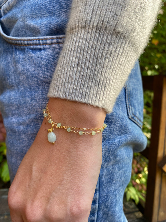 Amazonite & Glass Bead Bracelet In Gold Plate