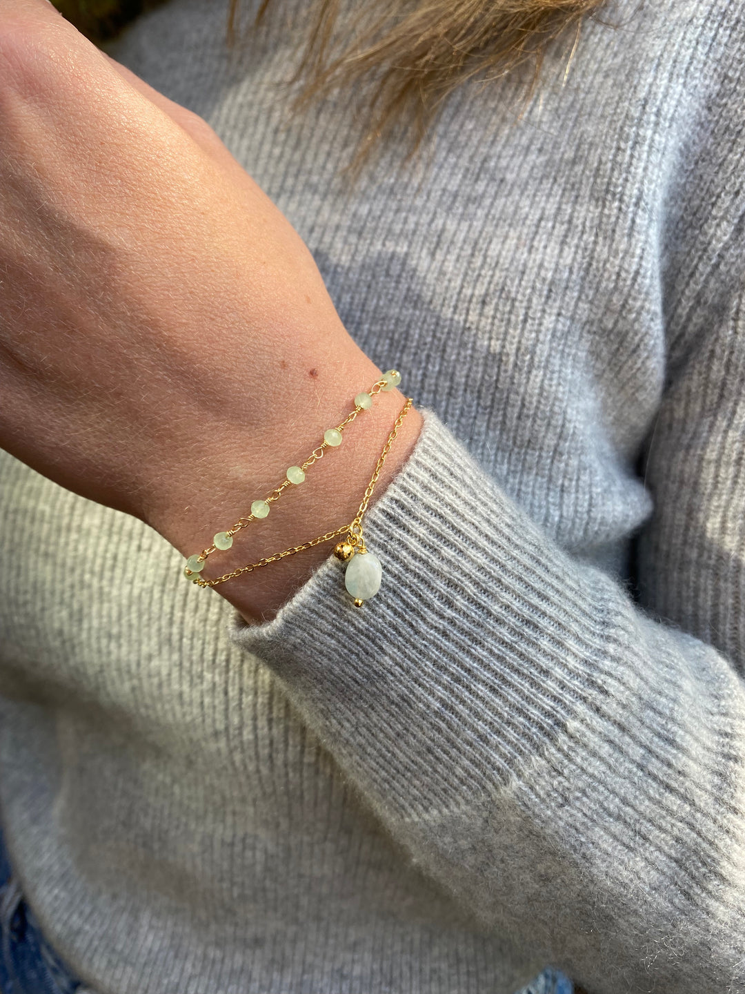 Amazonite & Glass Bead Bracelet In Gold Plate