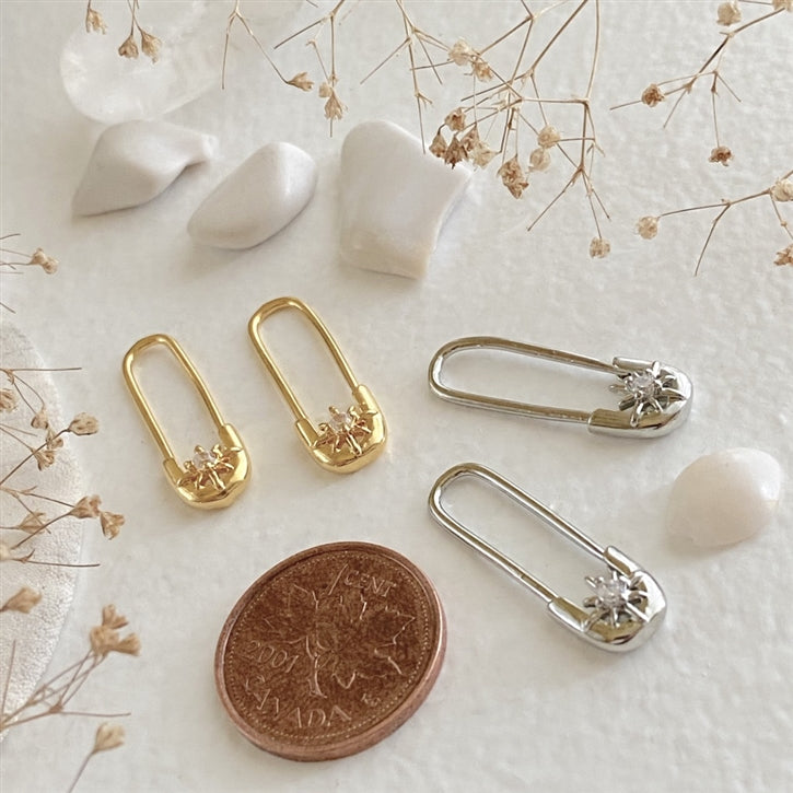 Star Studded Safety Pin Style Earrings in Gold