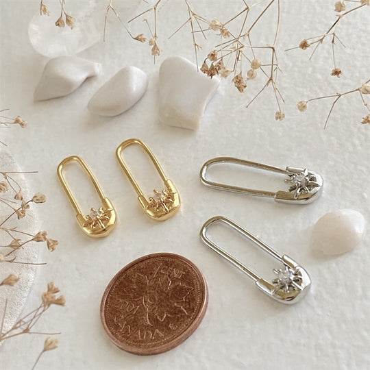 Star Studded Safety Pin Style Earrings in Gold