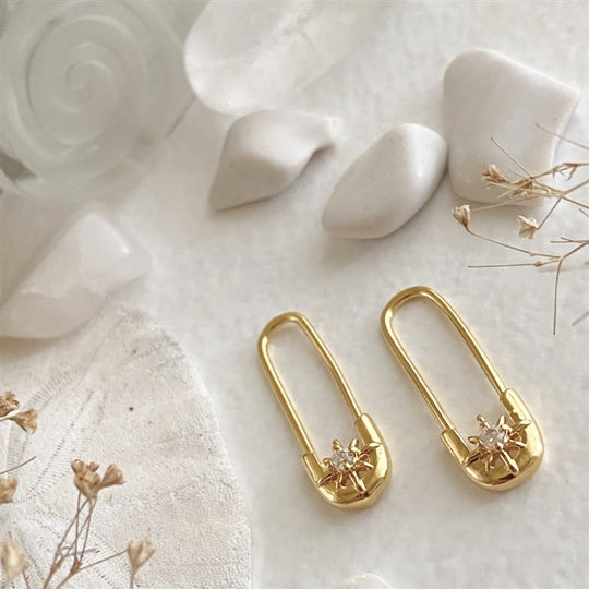 Star Studded Safety Pin Style Earrings in Gold