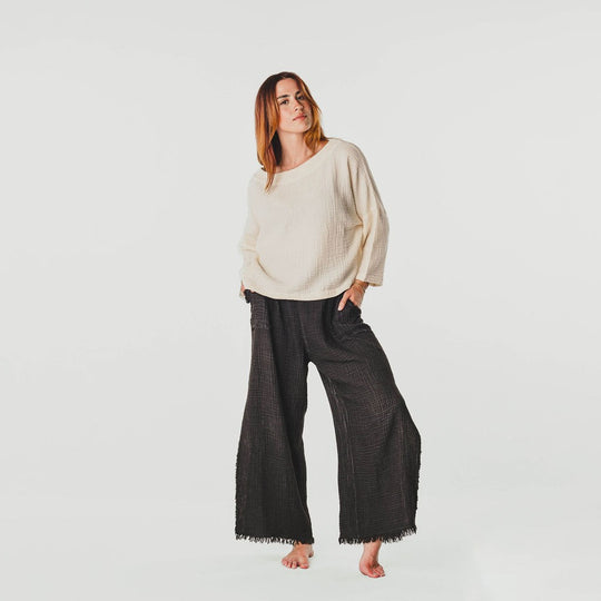 Turkish Cotton Crinkle Long Sleeve Boat Top - One-Sized - Cream