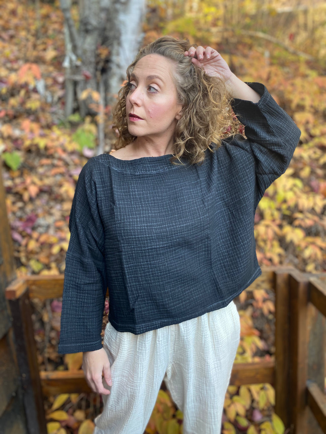 Turkish Cotton Crinkle Long Sleeve Boat Top - One-Sized - Black