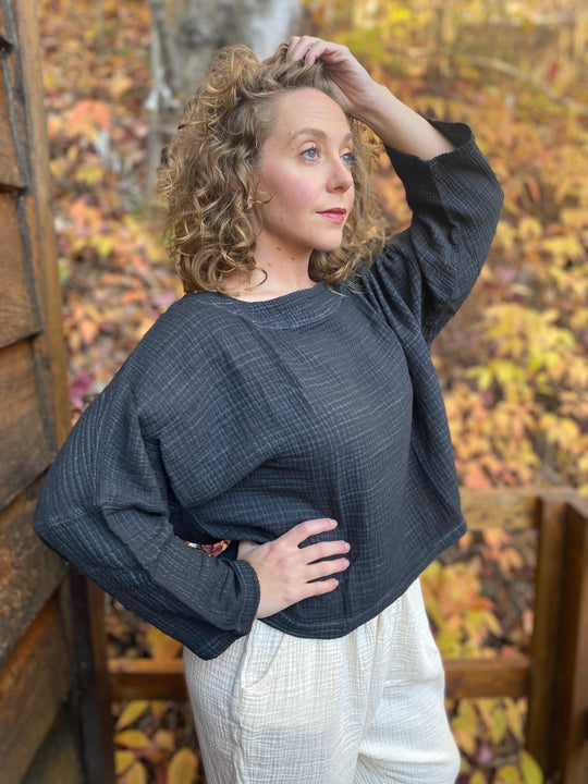 Turkish Cotton Crinkle Long Sleeve Boat Top - One-Sized - Black