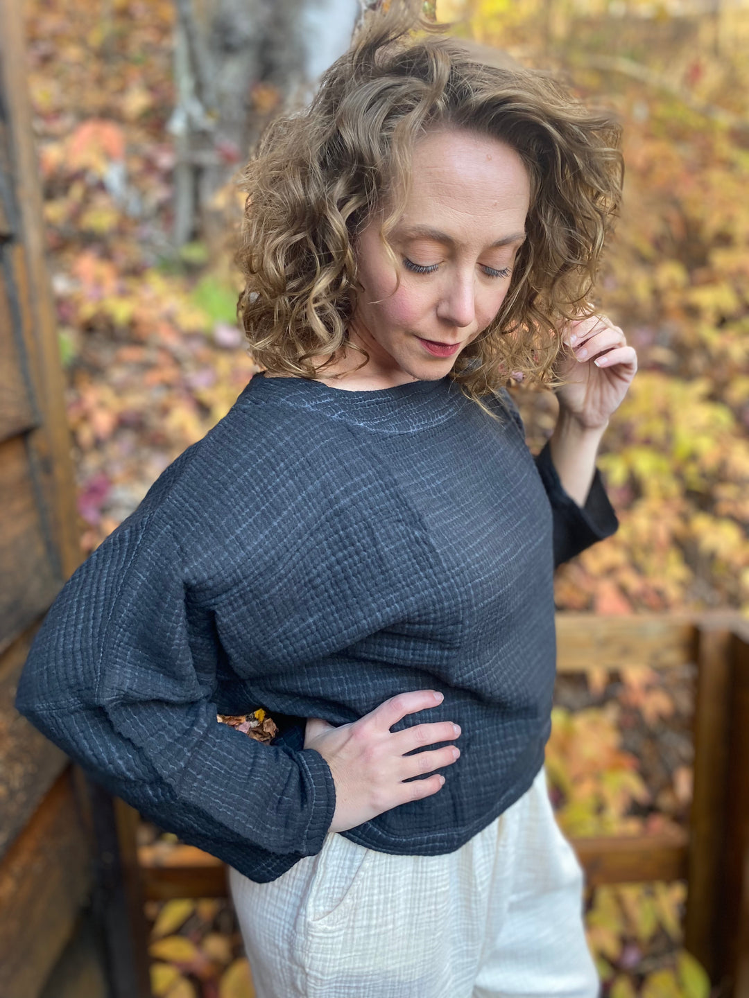 Turkish Cotton Crinkle Long Sleeve Boat Top - One-Sized - Black
