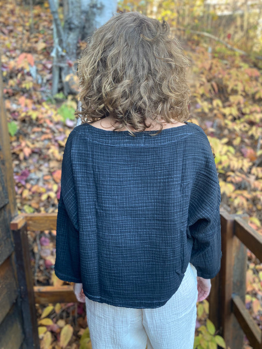 Turkish Cotton Crinkle Long Sleeve Boat Top - One-Sized - Black