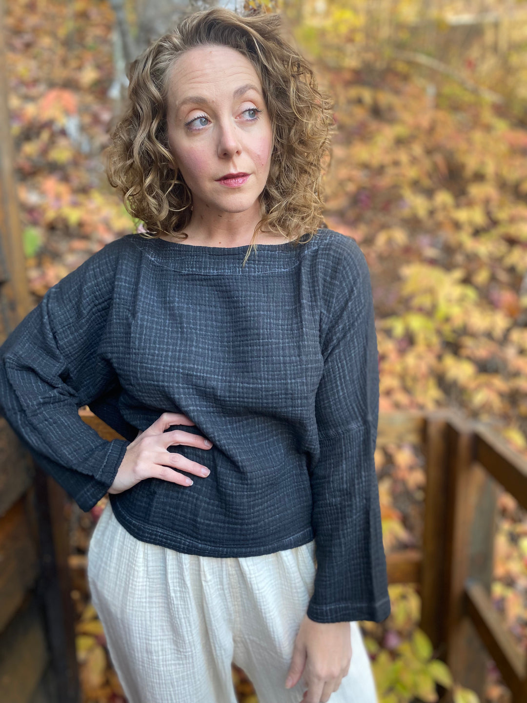 Turkish Cotton Crinkle Long Sleeve Boat Top - One-Sized - Black