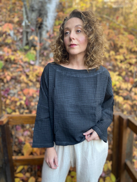 Turkish Cotton Crinkle Long Sleeve Boat Top - One-Sized - Black