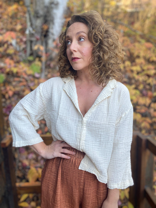 Crinkle Shirt Blouse - One-Sized - Cream