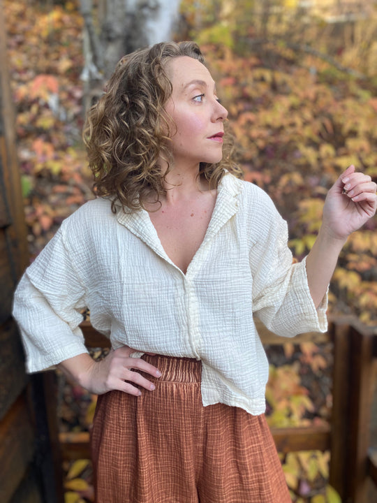 Crinkle Shirt Blouse - One-Sized - Cream