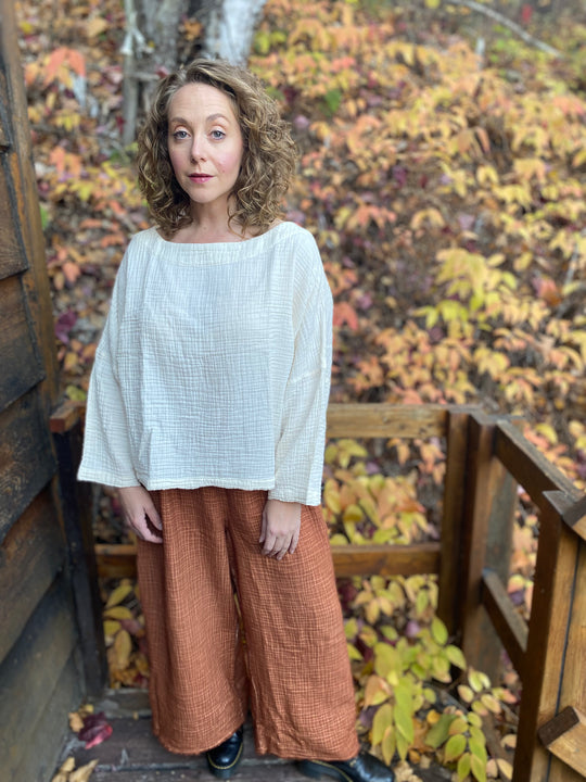 Turkish Cotton Crinkle Long Sleeve Boat Top - One-Sized - Cream