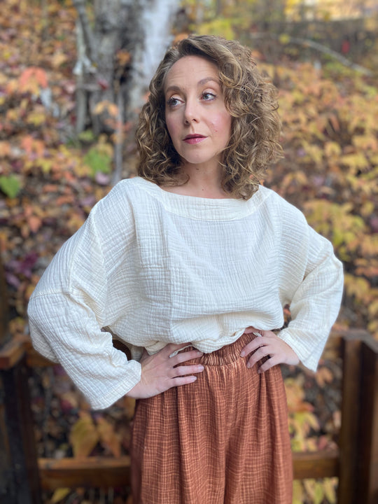 Turkish Cotton Crinkle Long Sleeve Boat Top - One-Sized - Cream