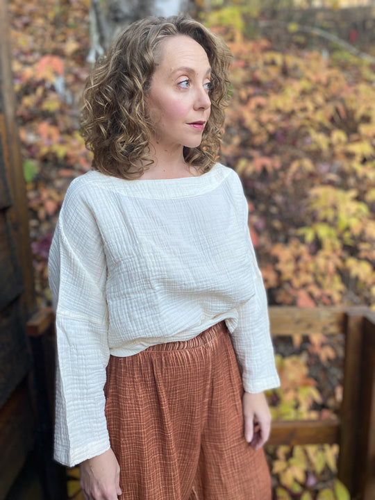 Turkish Cotton Crinkle Long Sleeve Boat Top - One-Sized - Cream