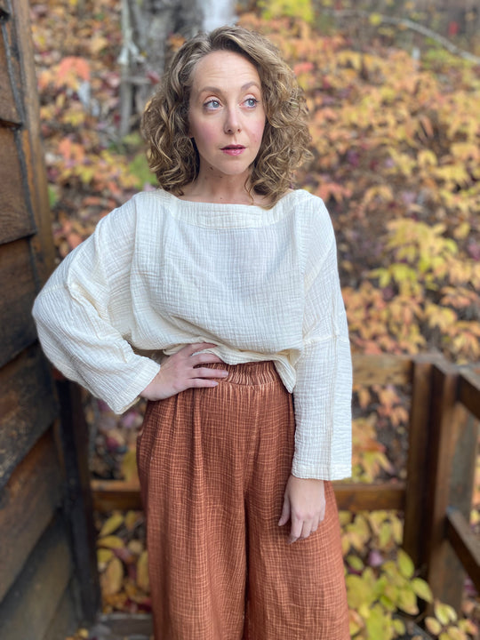 Turkish Cotton Crinkle Long Sleeve Boat Top - One-Sized - Cream