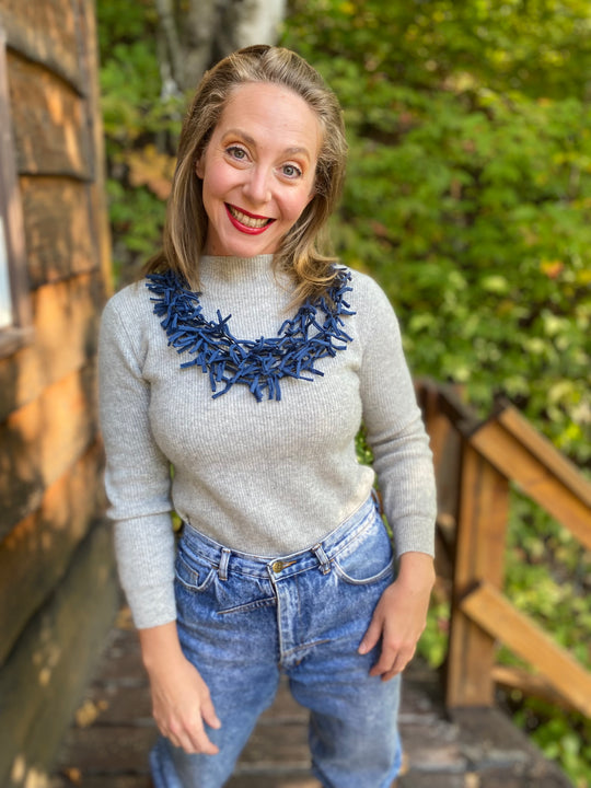 Multi Strand Knotted Fabric Necklace - Navy Blue
