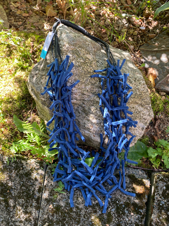 Multi Strand Knotted Fabric Necklace - Navy Blue