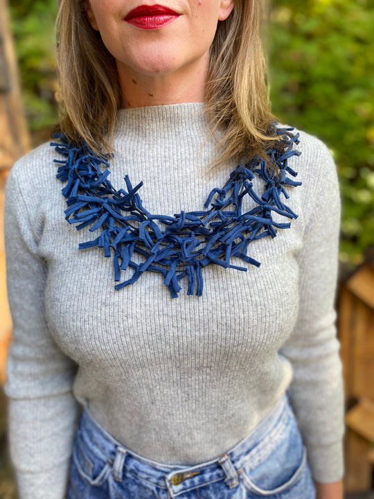 Multi Strand Knotted Fabric Necklace - Navy Blue