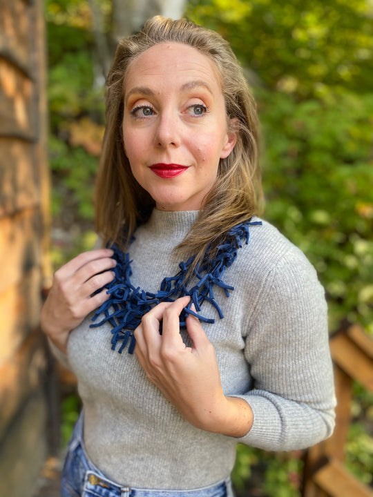 Multi Strand Knotted Fabric Necklace - Navy Blue