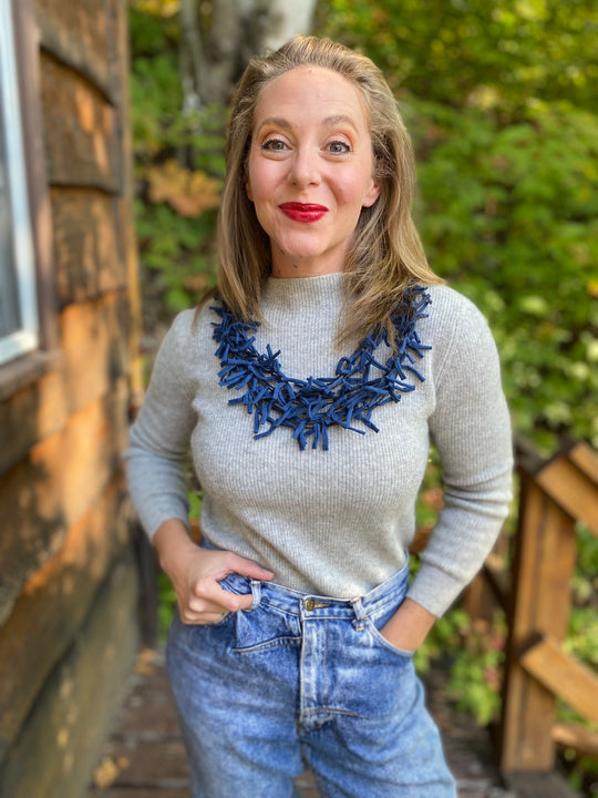 Multi Strand Knotted Fabric Necklace - Navy Blue
