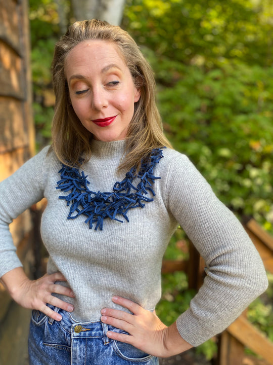 Multi Strand Knotted Fabric Necklace - Navy Blue