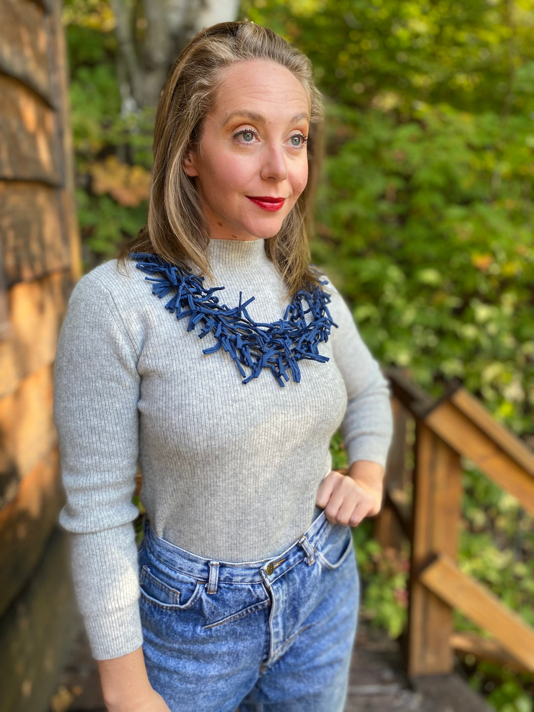 Multi Strand Knotted Fabric Necklace - Navy Blue