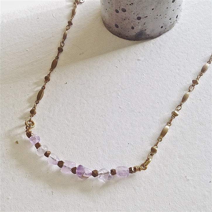 Raw Amethyst Stones Ornate Brass Chain Necklace
