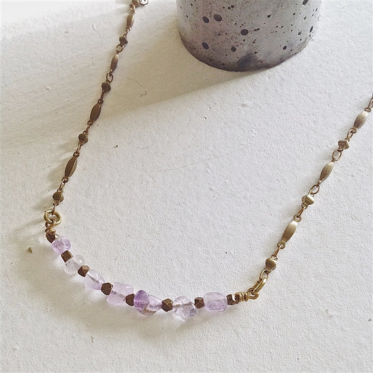 Raw Amethyst Stones Ornate Brass Chain Necklace