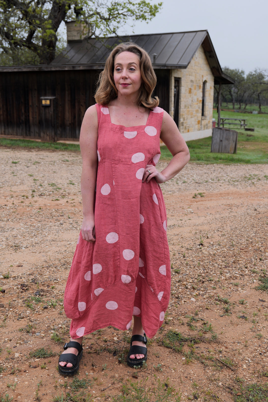 French Linen Dress - Polka Dot Rose