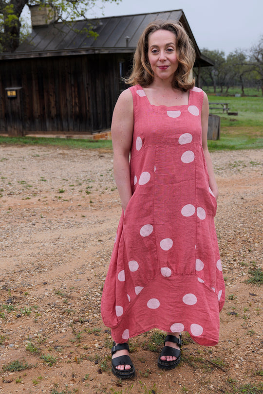 French Linen Dress - Polka Dot Rose