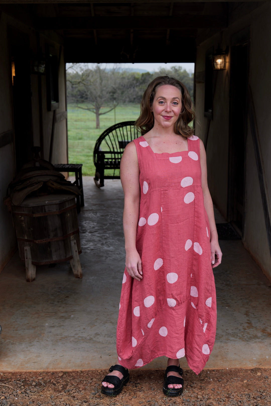 French Linen Dress - Polka Dot Rose