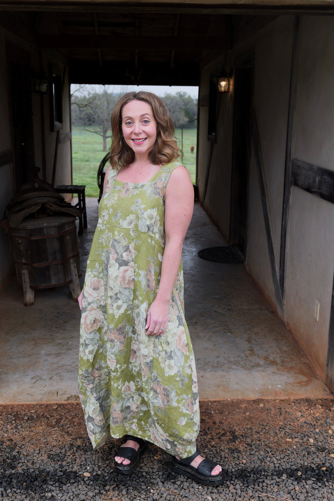 French Linen Dress - Sage Romance