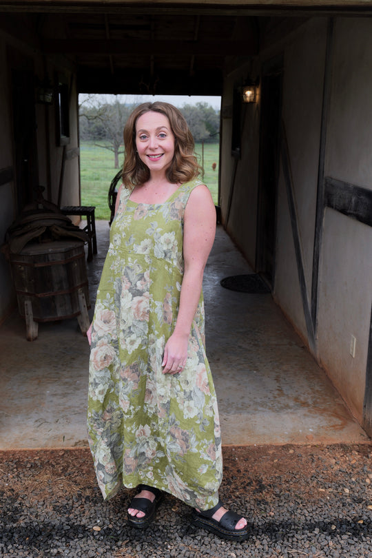 French Linen Dress - Sage Romance