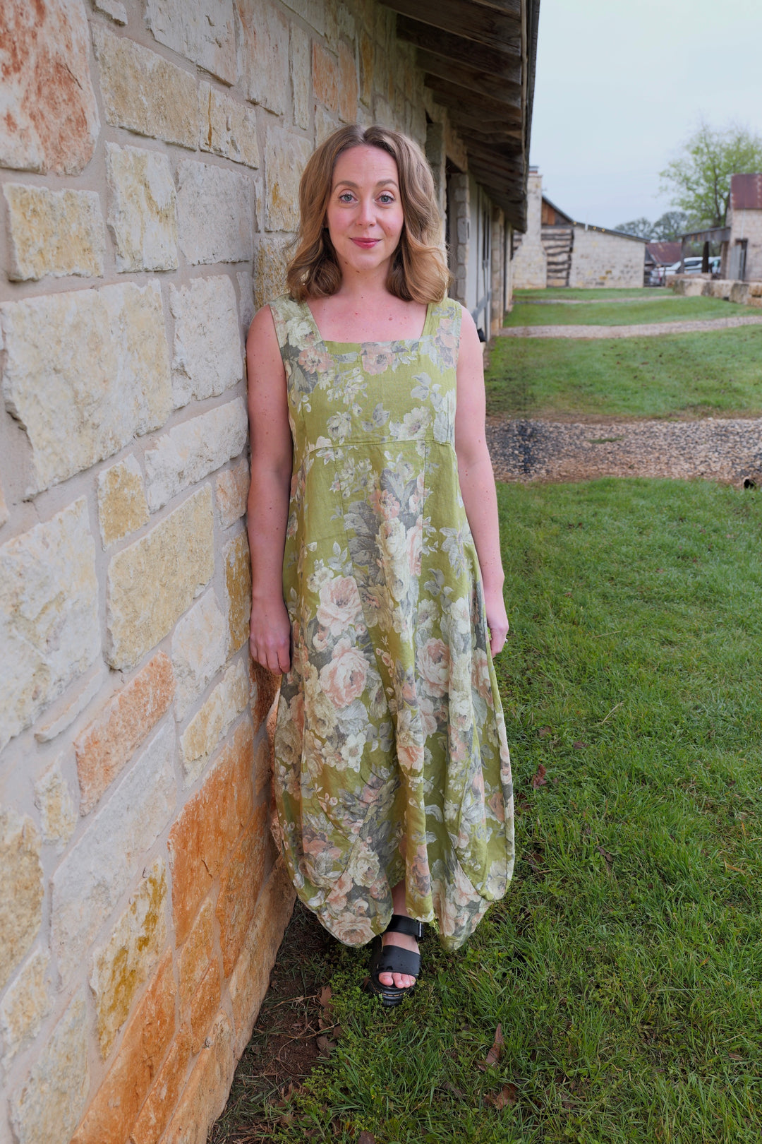 French Linen Dress - Sage Romance