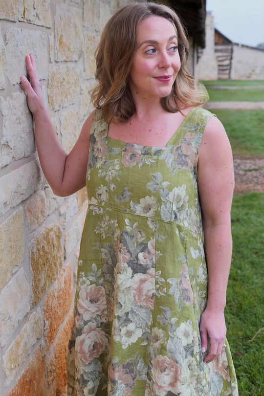 French Linen Dress - Sage Romance