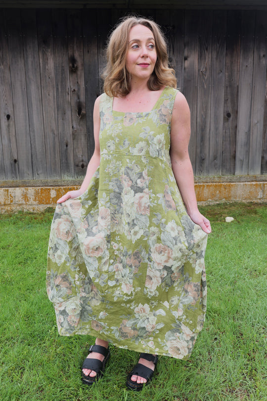 French Linen Dress - Sage Romance