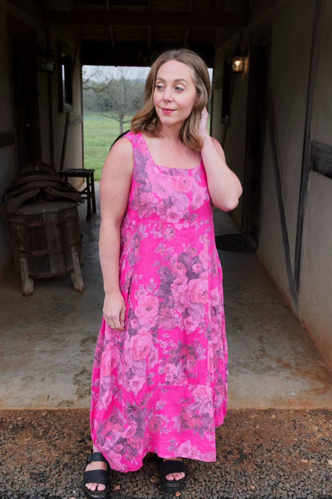 French Linen Dress - Fuchsia Pink