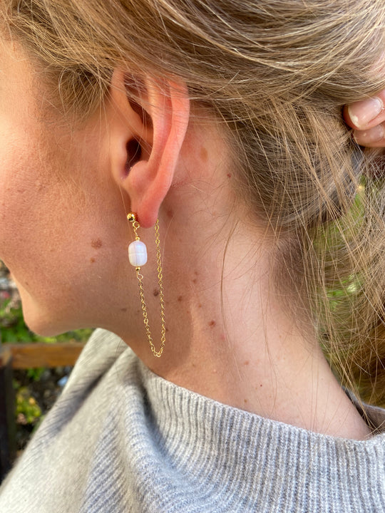 Pearl & Chain Stud Earrings In Gold Plate